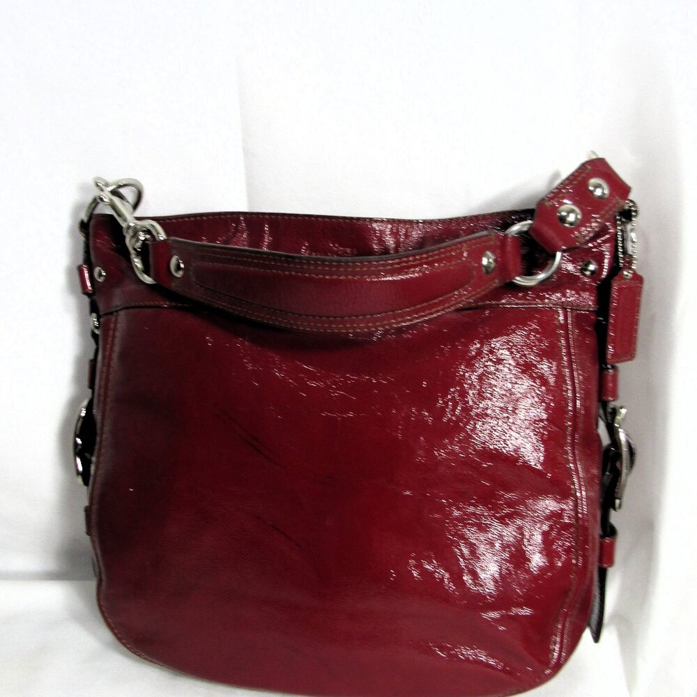 COACH ZOE EDITORIAL BAG XL  12 x 14 x 4 Burgundy Red Patent Leather Shoulder Bag - Picture 6 of 11
